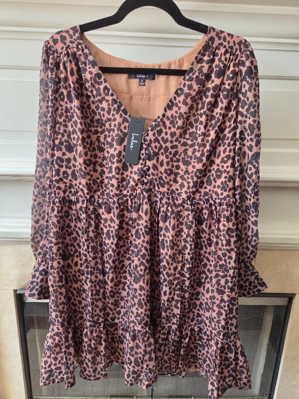Lulu's NWT Leopard Print Babydoll Mini Dress Puff Sleeve Size M